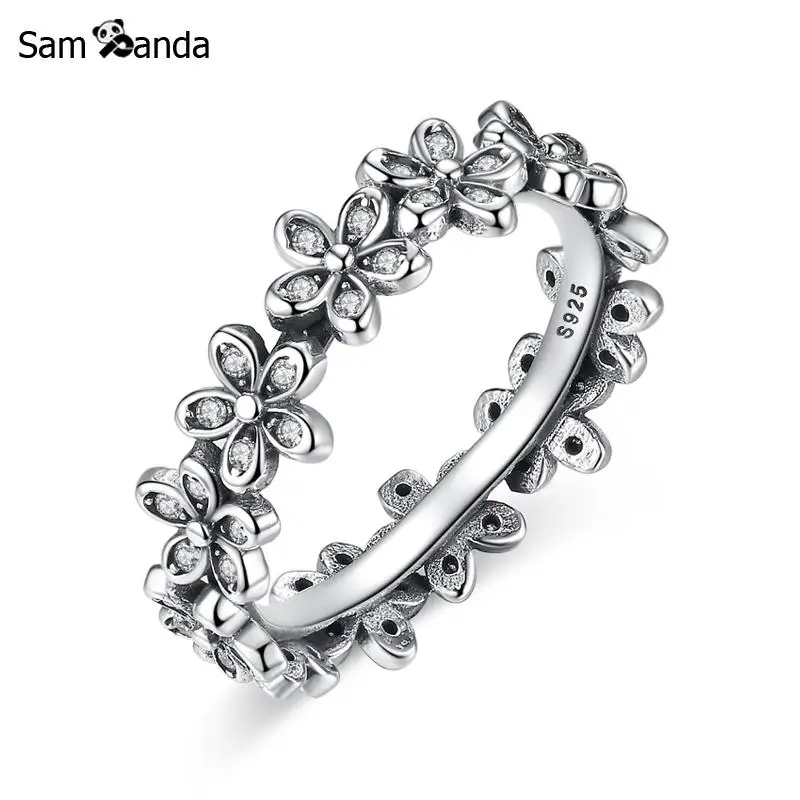 

Original 100% 925 Sterling Silver Ring Dazzling Daisy Rings Vintage Clear CZ Bloom Anillos For Women Wedding Fine Jewelry
