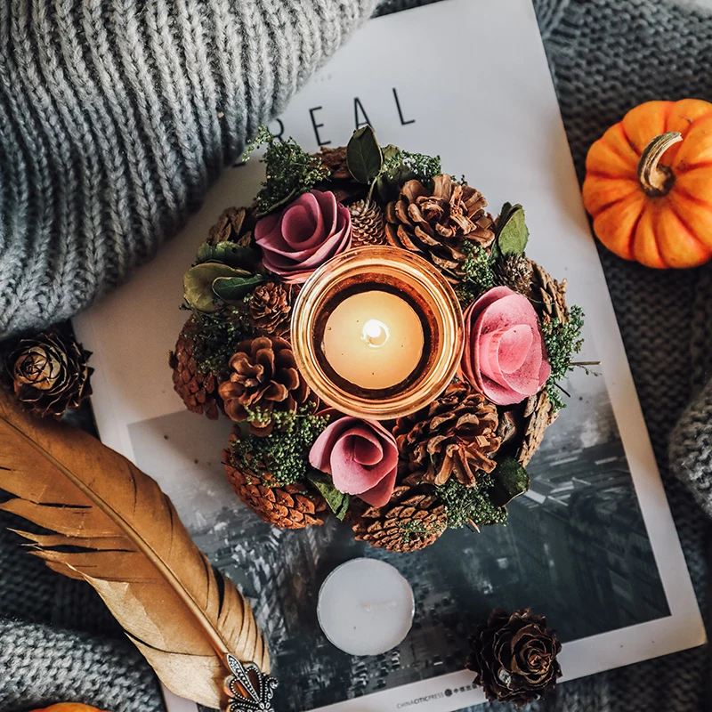 

Rose Wedding Table Centerpieces Decoration Candle Holders Party Pine Cones Farmhouse Christmas Candlestick Rustic Candle-Holder