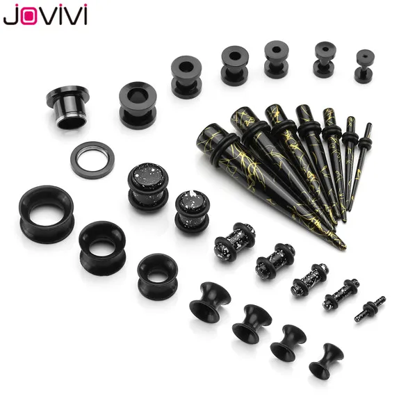 JOVIVI 28 Pairs Stainless Steel Screw Tunnel Thin Silicone Double Flared Flexible Tunnel Acrylic Tapers Set Ear Plugs Ear Tunnel - Metal color: 28 pairs Black