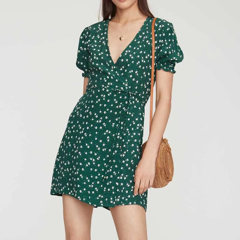

Women casual summer dress flower print V-neck short-sleeved dress Slim Vestidos