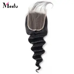 Meetu Свободные глубокая синтетические волосы волнистые 4x4 дюйма перуанский закрытие шнурка человеческих волос Бесплатная/средняя часть/три
