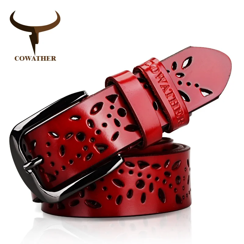 COWATHER New 2017 genuine leather jeans belts for Women Hollow pressed flower luxury strap female belt Gun gray buckle - Image 2