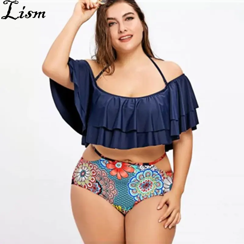 

2019 Plus Size Swimsuit XXL 4XL Up Padded Tankini Set Lotus Leaf Ruffle Modest Swimwear Flower Print High Waisted Bathing suit