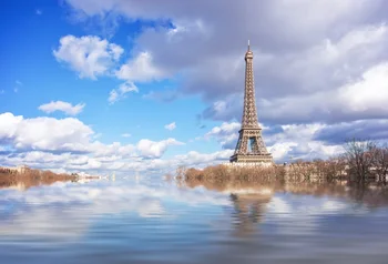 

Laeacco Eiffel Tower Riverside Town Blue Sky Cloudy Photographic Backgrounds Customized Photography Backdrops For Photo Studio