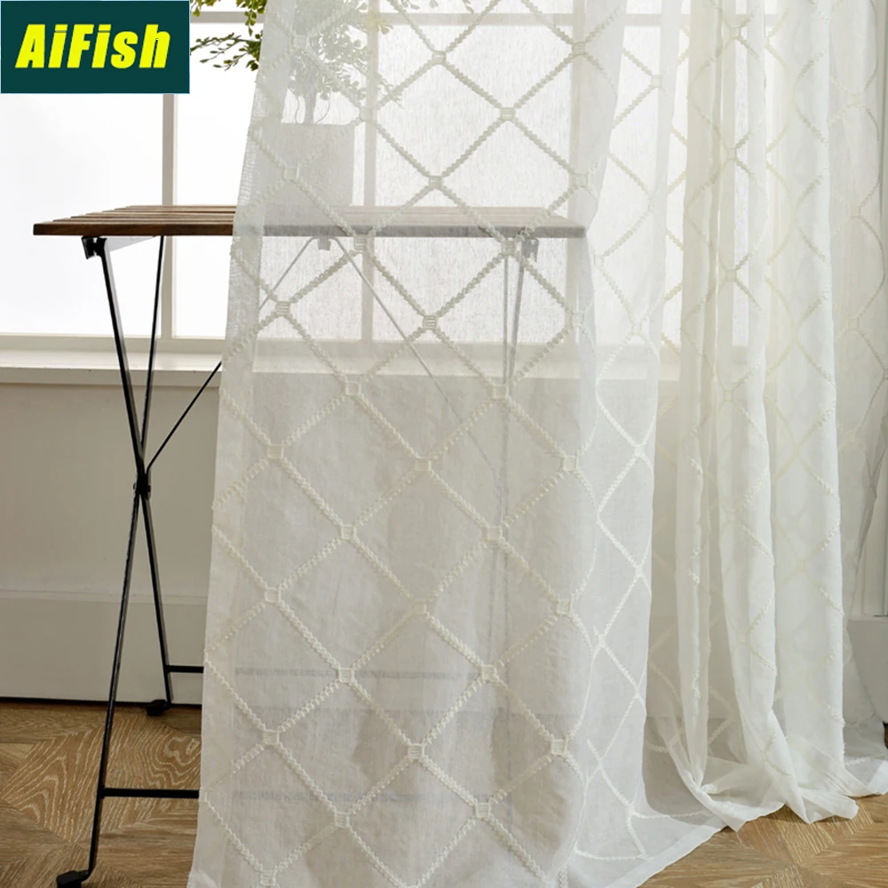 

Modern Embroidered Geometric Plaid Lattice Sheer Voile Curtains for Living Room Pink Blue Curtain Tulle Drape for Bedroom WP0542
