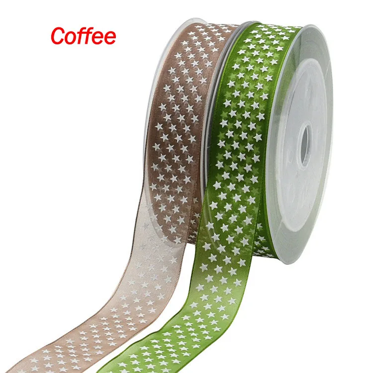 

5Yards 25mm Print Stars Organza Ribbon Tape For Needlework Craft Decarotions Satin Ribbons Handcraft DIY Bow Accessories