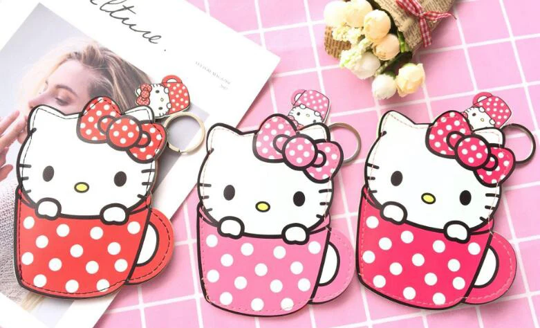 

5 Pcs Cartoon Water Cup Hello Kitty Design Pu Leather Multipurpose Storage Bag Coin Purse With Key Ring