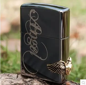 

Free 1PC Windproof lighter black ice love angel wings oil+box