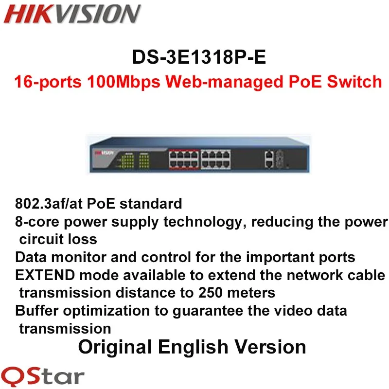 

Hikvision DS-3E1318P-E 16-ports 100Mbps Web-managed PoE Switch 16 100M PoE electrical ports and 2 1000M COMBO ports