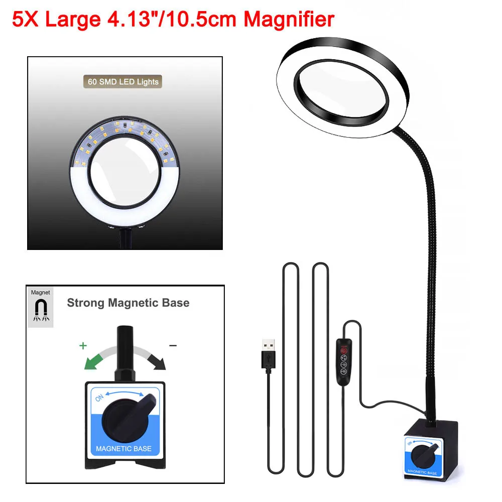 NEWACALOX 3X/5X 3 цвета Лупа с подсветкой сильная Магнитная база гибкий светодиодный увеличительное стекло лампа для чтения сварочная работа - Цвет: 5X Large Magnifier
