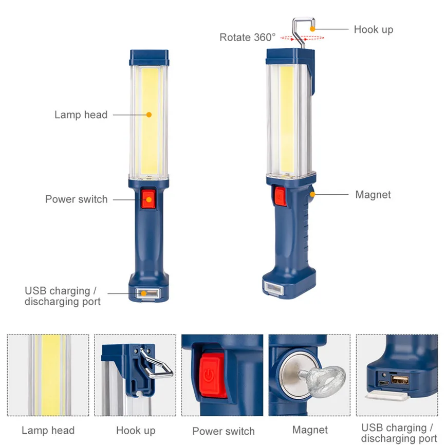 

COB LED Work Light 3.7V 4000mAh USB Inspection Torch Magnetic Handheld Work Garag Emergency Lamp Car Repair Camping J#2 Lamp