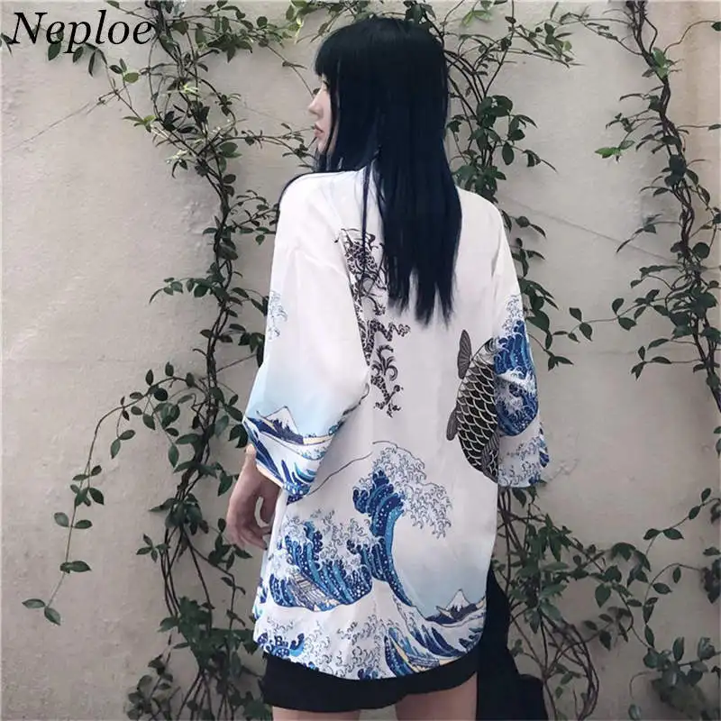

Neploe Harajuku Jananese Kimono Cardigan Summer Digital Print Kimonos Blouse 3/4 Sleeve V-neck Woman Casual Chiffon Shirt 36273