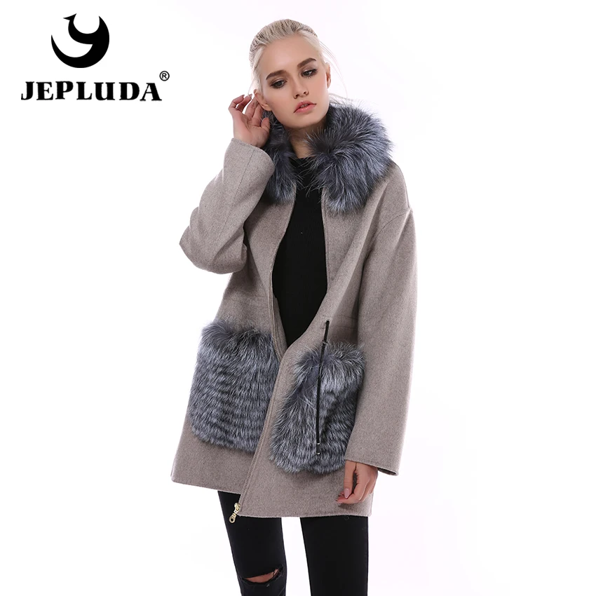 JEPLUDA Высокое Содержание Кашемировое Пальто Из 100% Шерсти Натуральной с Меховой