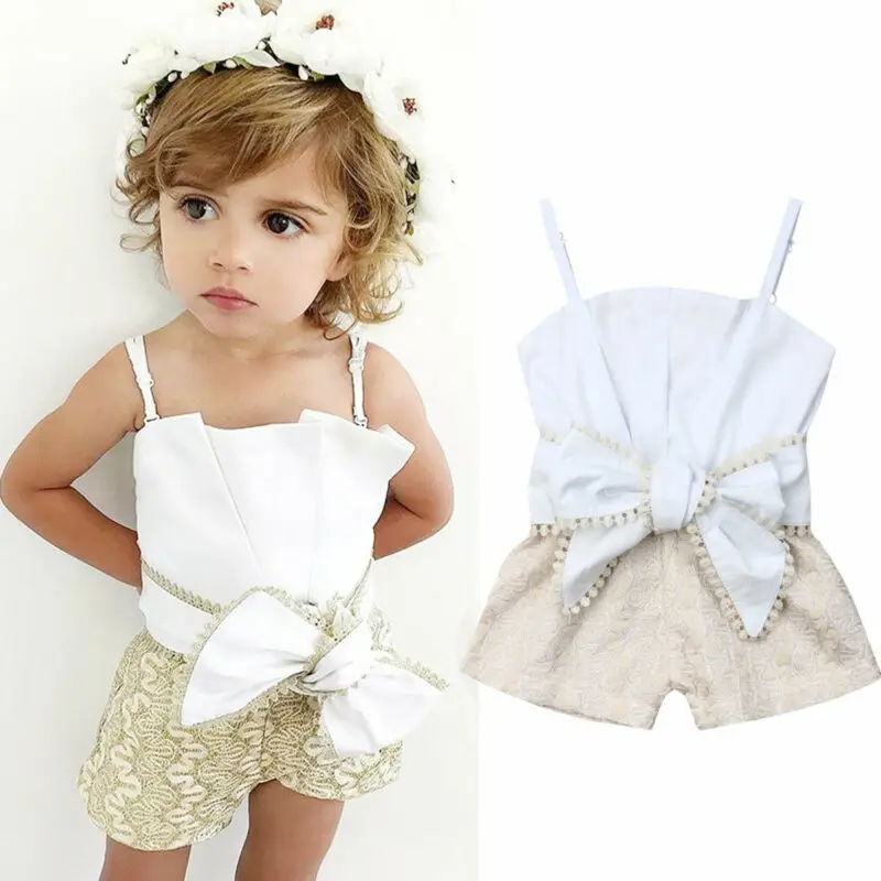 

2019 Newborn Kid Baby Girl Lace Adjustable Sling Openwork Bow Rompers Tops Summer Fashion Casual Clothes Sets