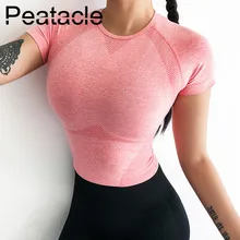 Спортивный топ с коротким рукавом Peatacle хорошо тянется, тренировка, укороченный топ, круглый вырез, Женский фитнес-топ, розовые бесшовные энергетические шорты для занятия йогой