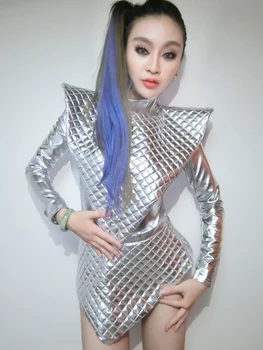 

Female Jumpsuits Nightclub Singer Sets DJ Dance Costumes DS Costume Reflective Silver Shiny Piece Suit Clothing Photography Jazz