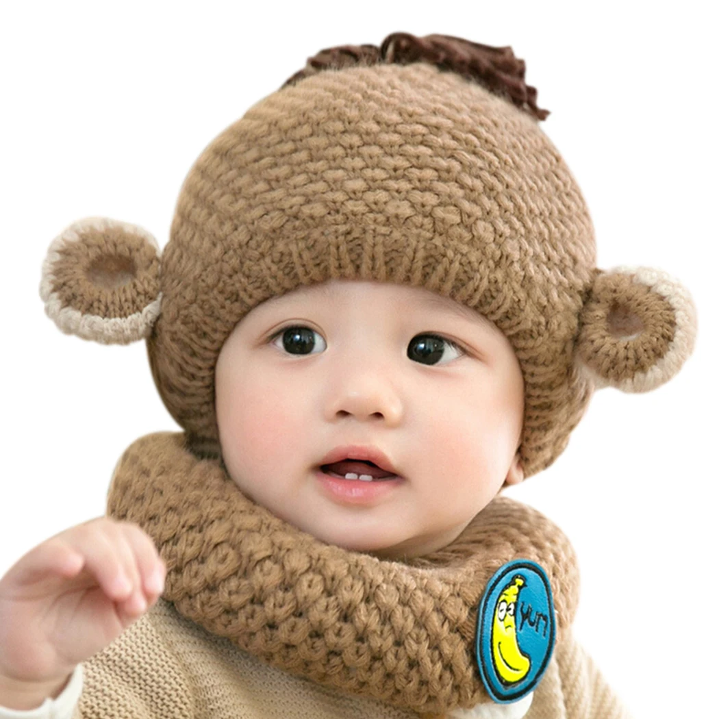 2pcs/set Winter Children Baby Cap+Scarf Hat Cute Little Monkey Cartoon
