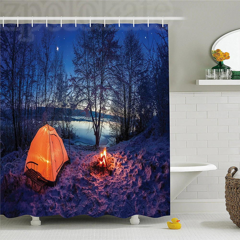 Apartment Decor Shower Curtain Dark Night Camping Tent Photo In Winter On Snow Covered Lands By The Lake Bathroom Decor Set With Shower Curtains Aliexpress
