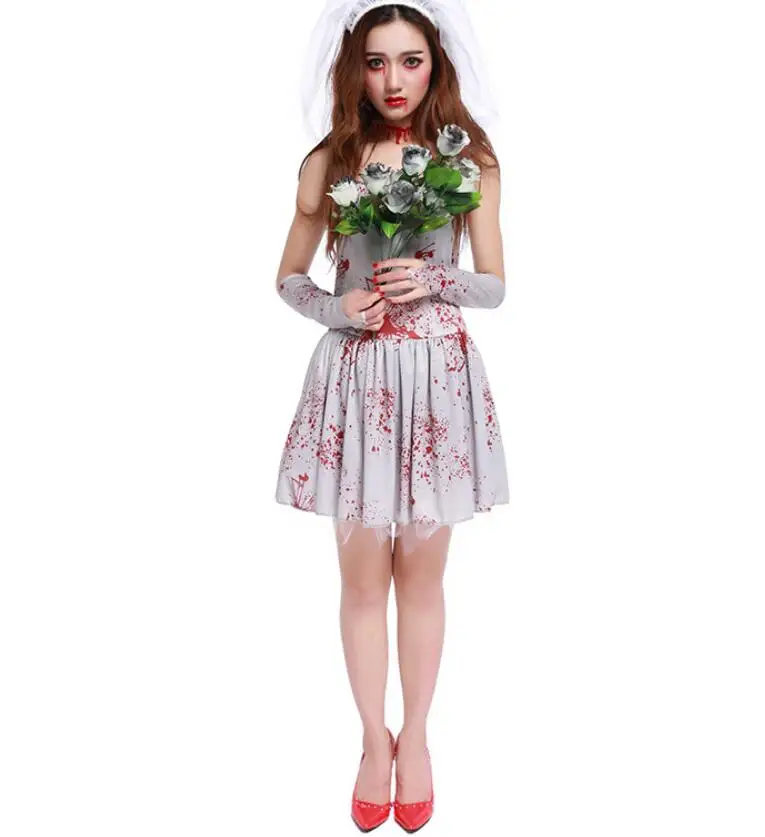 Хэллоуин невеста жених идея пары костюм Взрослый нарядное платье Ходячие мертвецы зомби - Цвет: Коричневый