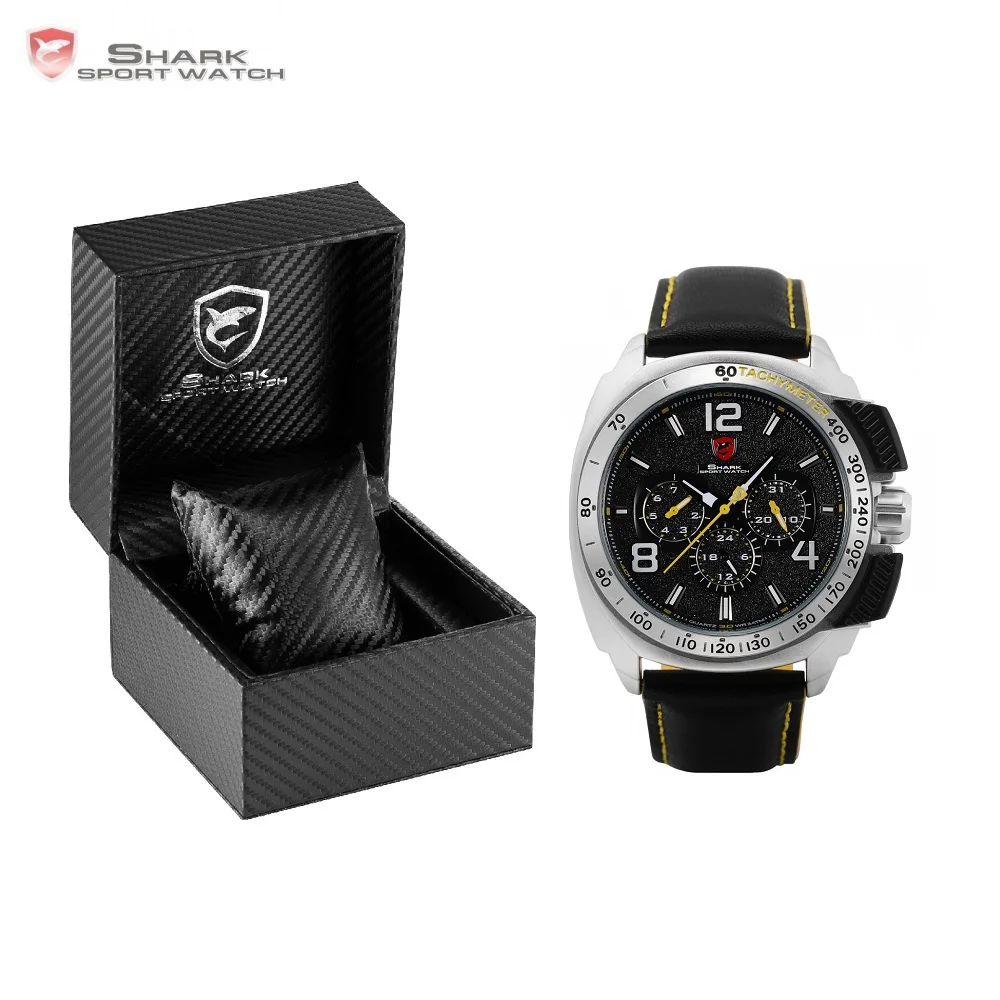 

Luxury Leather Box Tiger Shark Sport Watch Date 24Hr Function Clock Fashion Quartz Movement Waterproof Men Wristwatch /SH415-419