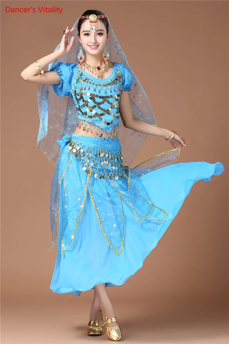 Леди шею живота Танцы живота женщина Танцы длинная юбка набор 6 цветов платье индийский Танцы rs взрослых Танцы костюмы