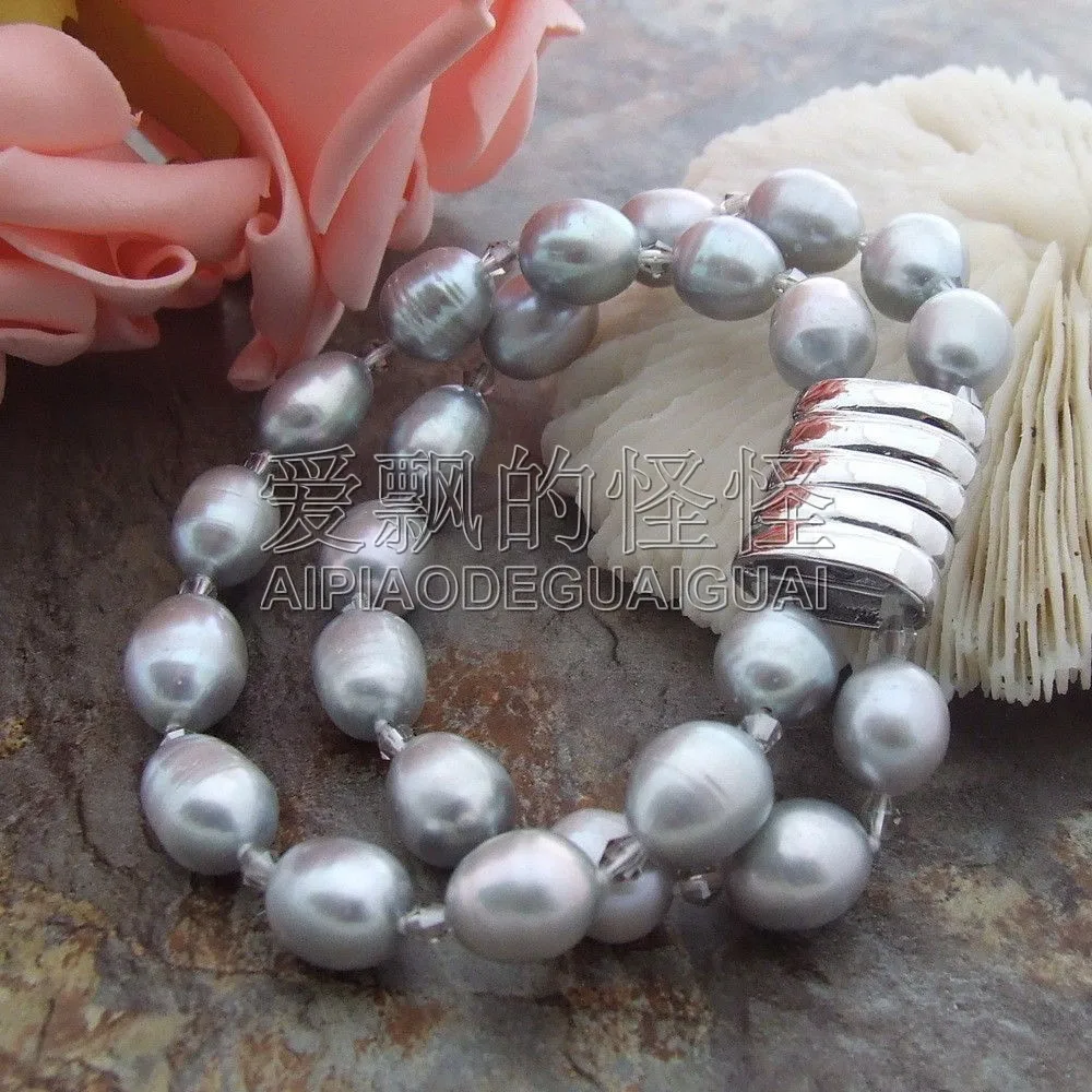 

Women's 2 strands 12mm Grey Pearl Crystal Bracelet
