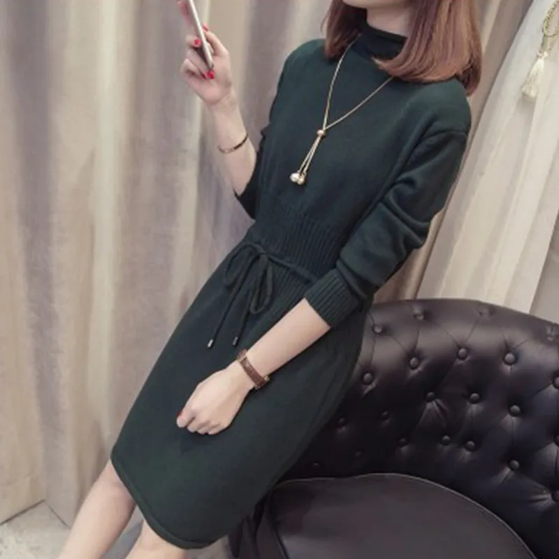 Женское осенне-зимнее длинное платье-свитер, полуводолазка, однотонные цветные ленты, тонкие вязаные платья, офисные женские элегантные пуловеры - Цвет: Dark green