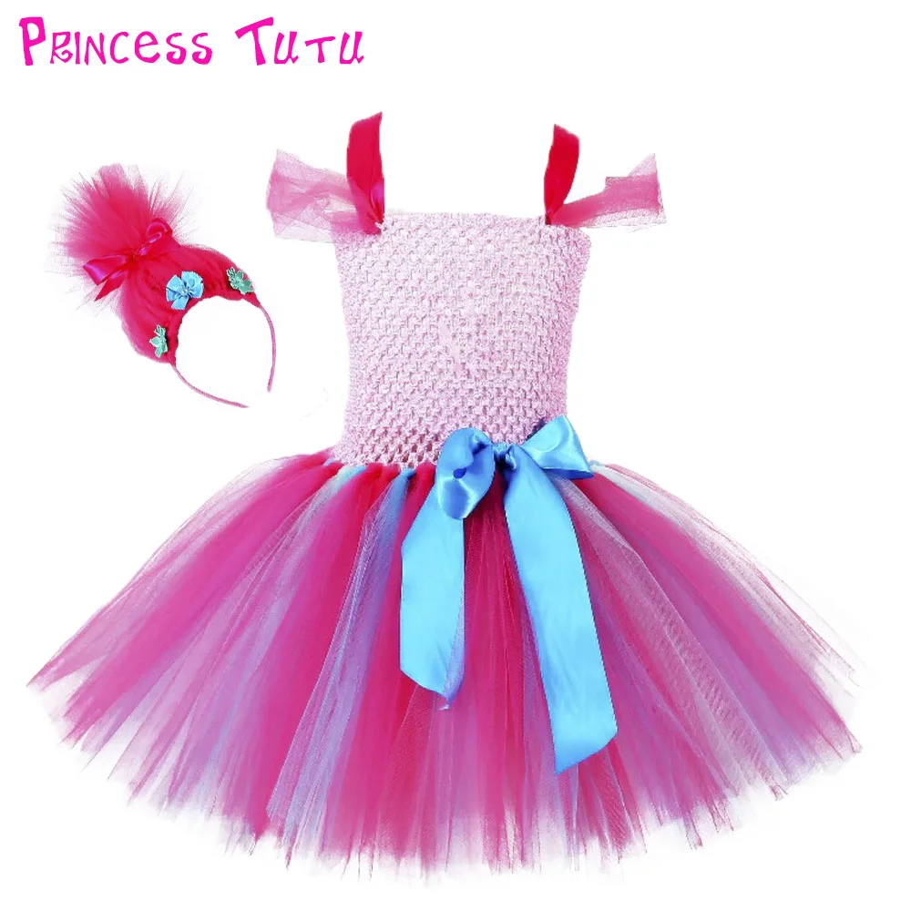 

Trolls Party Favor Bubbles Tutu Dress Hot Pink Kids Birthday Photo Prop Dresses Halloween Troll Costume for Kids with Headband