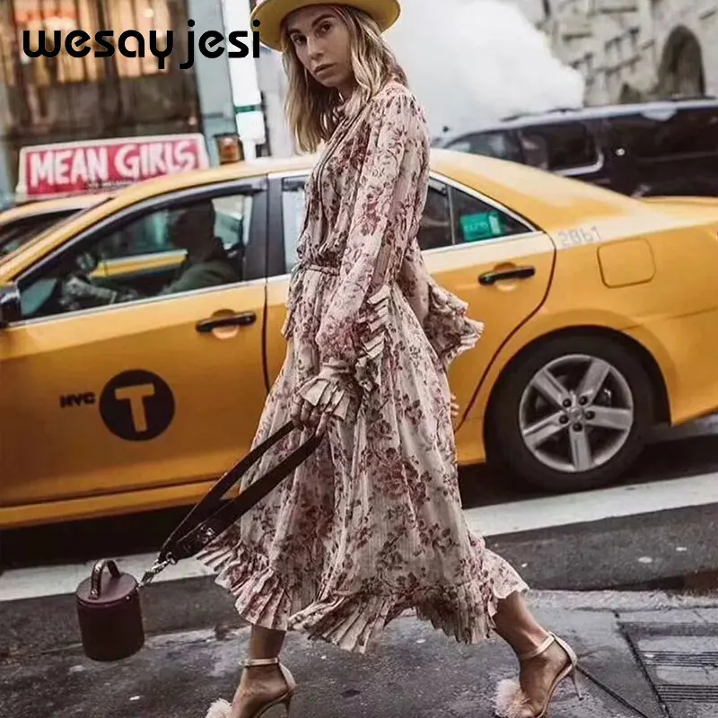 2019 vestidos الأنثوية اللباس انكلترا نمط الكشكشة طباعة الأزهار القوس منتظم vestidos دي فييستا حزب اللباس النساء الشارع الشهير