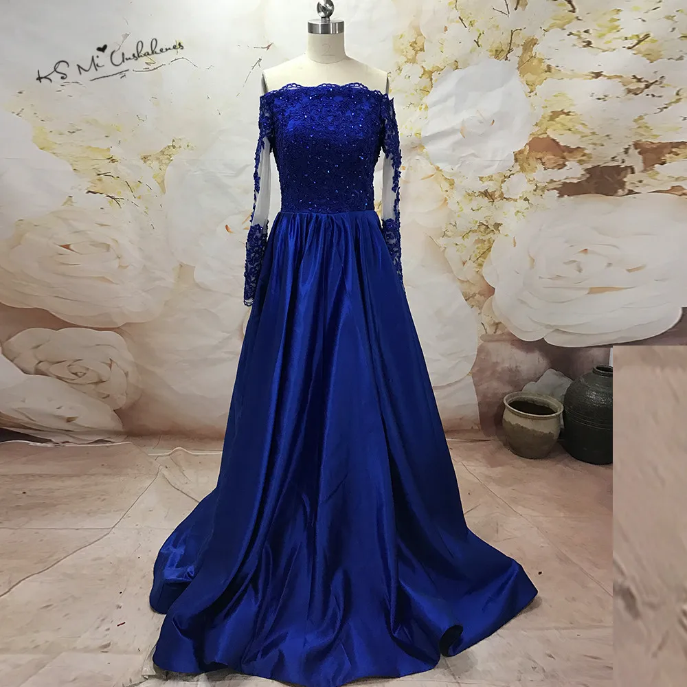 Royal Blue Long Sleeve Prom Dresses 2017 Lace Satin Formal Evening