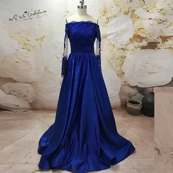 

Royal Blue Long Sleeve Prom Dresses 2017 Lace Satin Formal Evening Gowns Robe de Soiree Courte Vestido de Baile Pageant Party