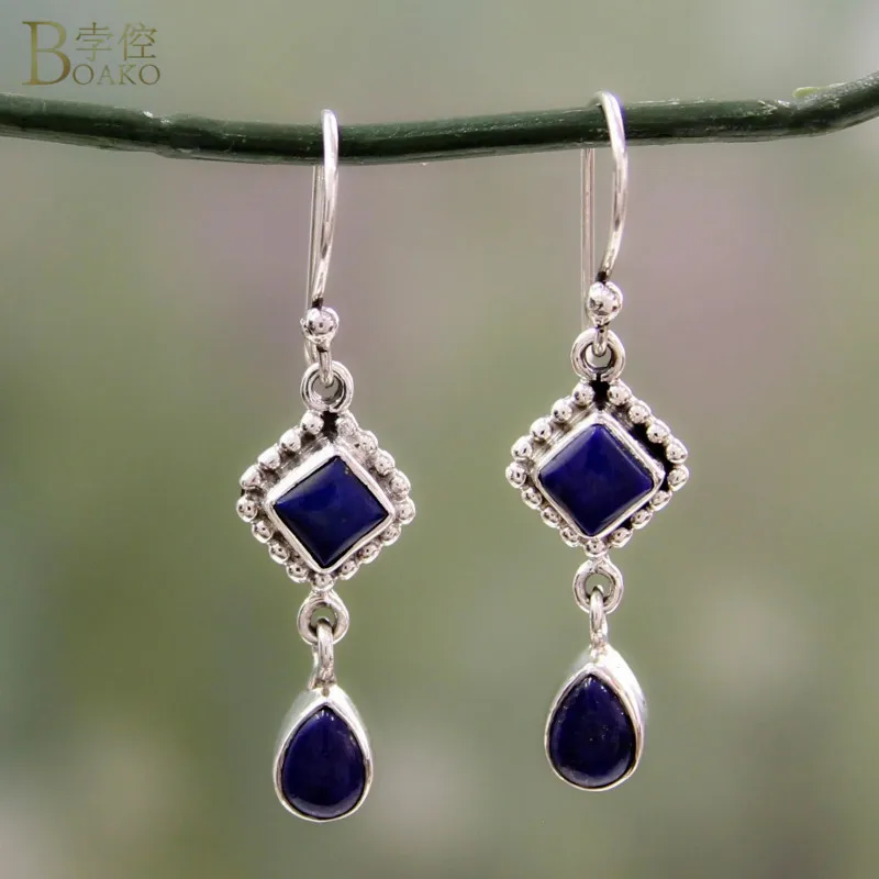 

BOAKO Blue Lapis Lazuli Earrings Vintage Antique Silver Long Earring For Women Bohemian Water-drop Dangle Earring pendientes