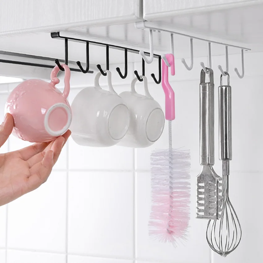 

Door Hook Kitchenware Shelf Traceless Nail Free Metal Kitchen Cup Holder Hang Cabinet Shelf Storage Rack Organizer 6 Hooks