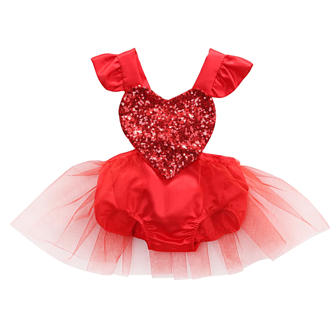 

0-3T Summer Baby Girl Clothes Sequins Heart Lace Tulle baby Bodysuits Jumpsuit Outfits Sunsuit Newborn baby clothing red