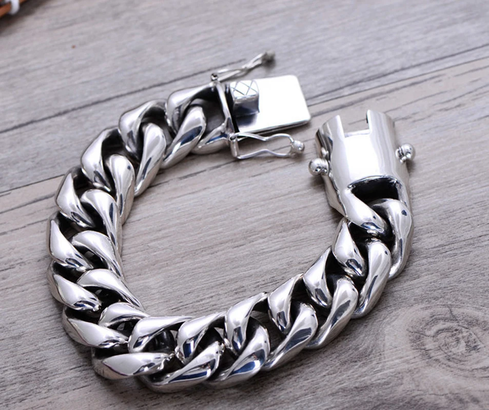 210g 2cm Solid 925 Sterling Silver Men's link Biker Heavy Wide bracelet  bangle A1565