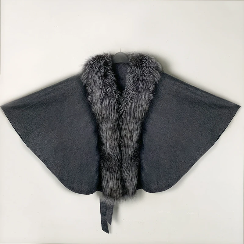 Fursarcar женская серая шерстяная накидка с натуральной большой Новая мода натуральный Лисий меховой воротник с поясом для женщин