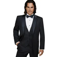 Новые брендовые Черные смокинги для жениха с двумя пуговицами, шафер жених, костюмы деловой костюм(куртка+ брюки+ жилет+ галстук
