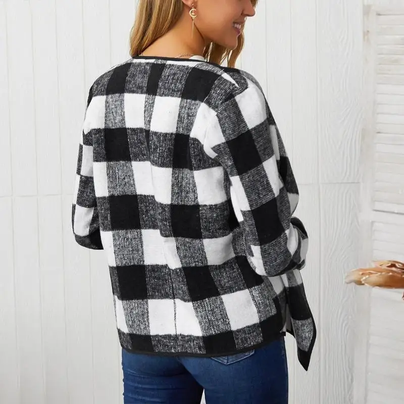 Very best Plaid Waterfall Collar Lapel Woolen CoatsFashion Ladies Autumn Spring Irregular Cardigan Tops Women