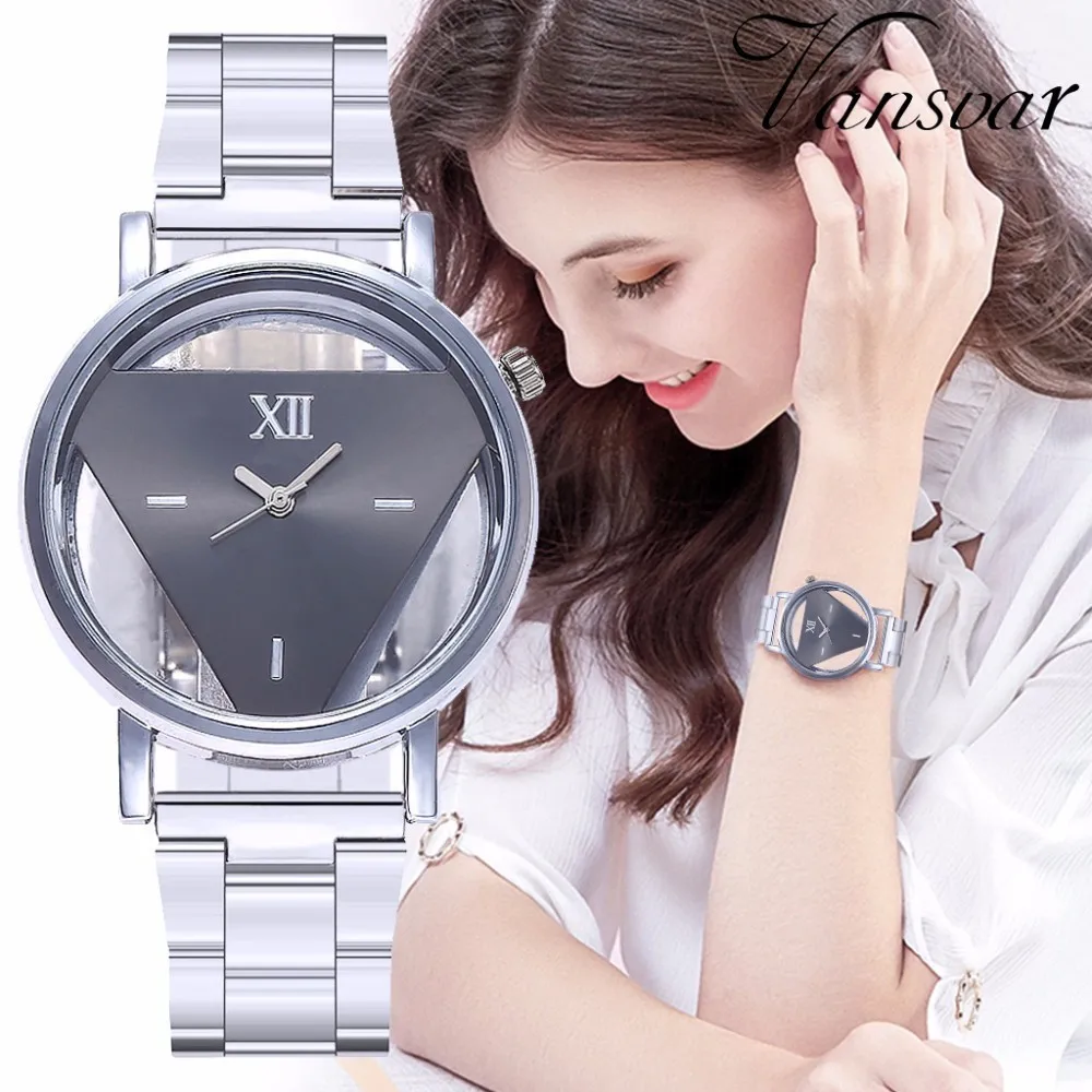 

Fashion Women Transparent Skeleton Triangle Watch Luxury Stainless Steel Hollow Quartz Watch Relogio Feminino For Dropshipping