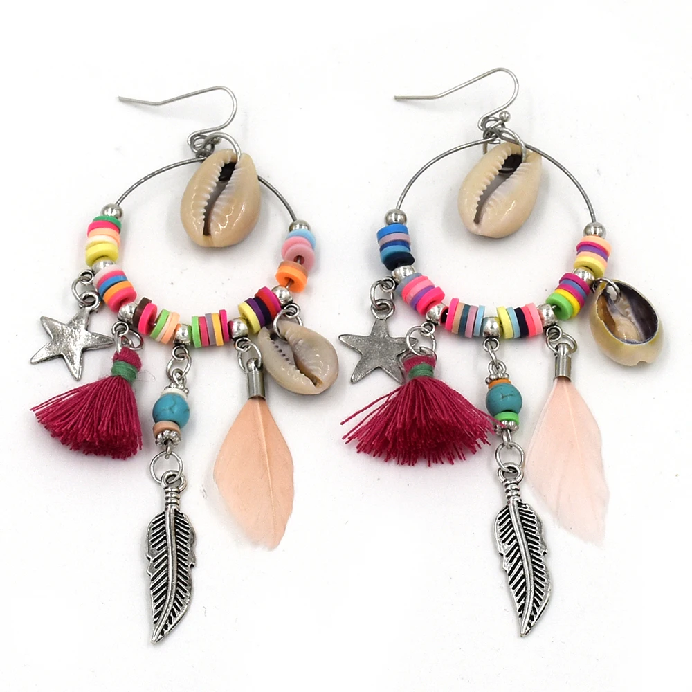 New handmade Long fringe feather tassel charm earrings Bohemia boho party earrings shell pendants chandelier Gypsy earrings