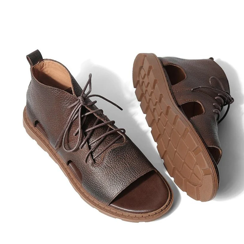 Recommend! Mens Casual Sandals Rome Style Genuine Leather Lace Up Sandals Beach Shoes Man Summer Casual Combat Shoes