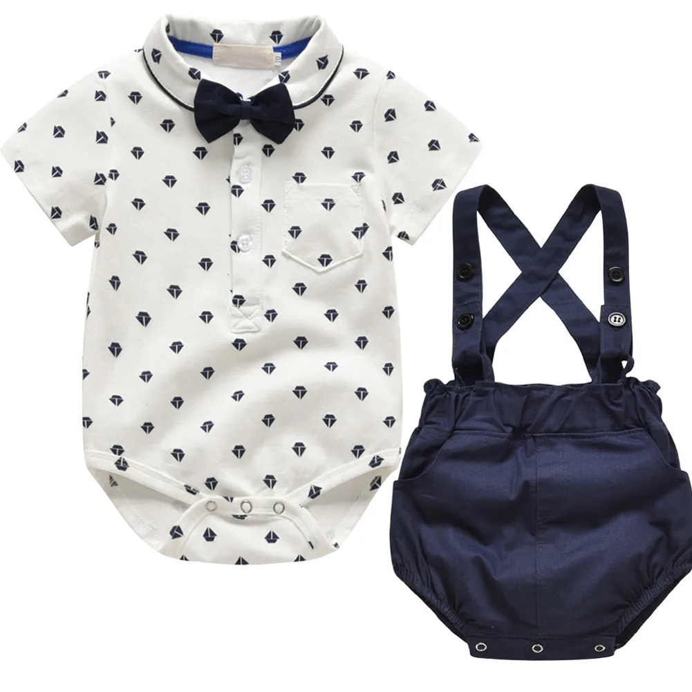 Summer Newborn Boy Clothing Set Romper + Strap Shorts Baby Suit Bow Tie