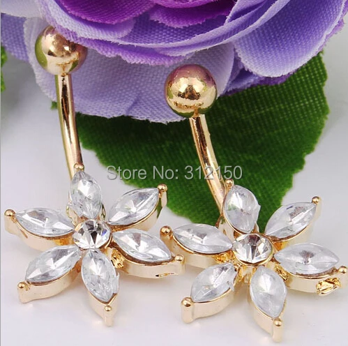 1 peça 2016 jóia frete grátis flor de ouro de cristal anel da barriga do umbigo anéis Sun Flower umbigo anel Bar Body Piercing jóias