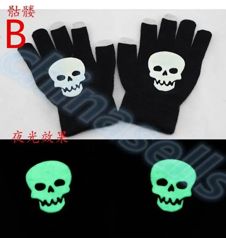 1 пара теплых вязанных зимних сенсорных перчаток Хэллоуин ночной светящийся череп скелет пальцы перчатки танцевальные велосипедные спортивные перчатки - Цвет: model B