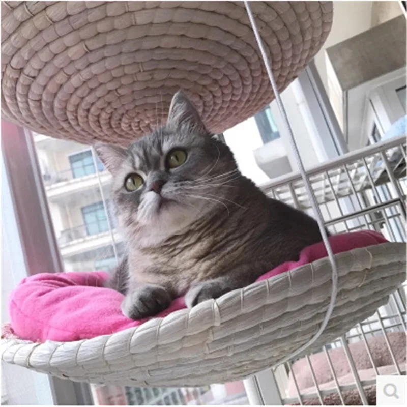 Handcrafted Pet Hammock Straw Round Small Dog Cat Pet Bed with Cushion