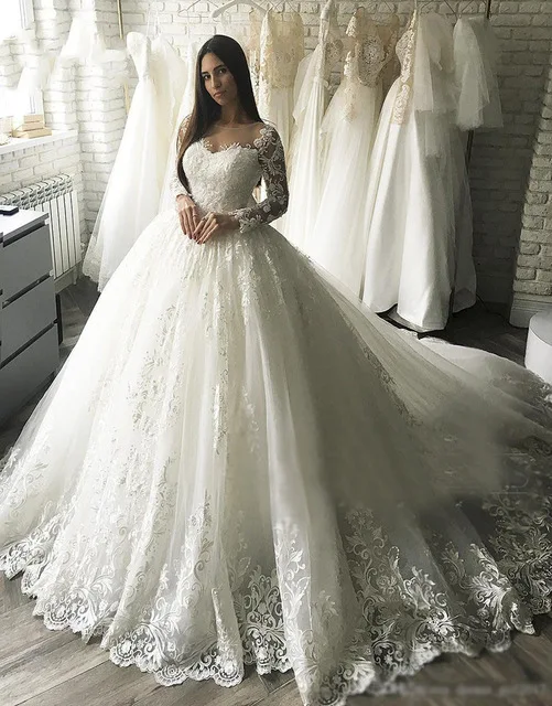 

New Gorgesous Long Sleeves Ball Gown Lace 2019 Dresses Bridal Gown Celebrity vestido De Noiva robe de mariee with Belt