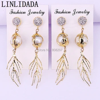 

4Pair Nature Pearl Beads & Metal Leaf Shape Long Drop Dangle Earrings Fashion Jewelry For Women Gift