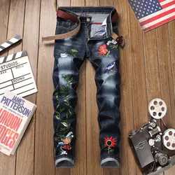 2019 новые брендовые джинсы с цветочной вышивкой мужские синие прямые хлопковые Повседневные Дышащие мужские джинсовые брюки плюс размер 38