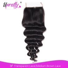 Perruque Lace Closure Remy brésilienne naturelle Loose Deep Wave-Upretty | 4x4, couleur naturelle, avec Closure transparente, 3 parties, partie libre du milieu