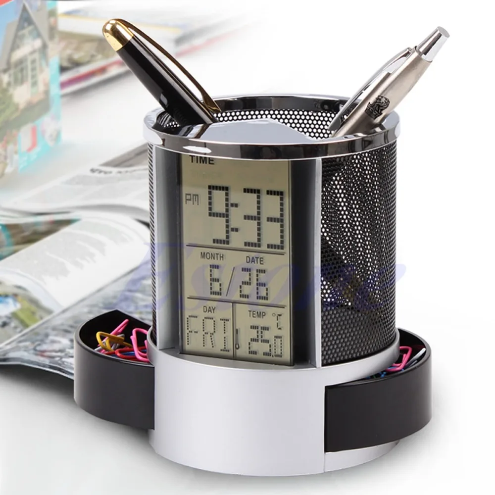 

Digital LCD Desk ALarm Clock & Mesh Rulers Pen Pencil Holder Time Temp Calendar